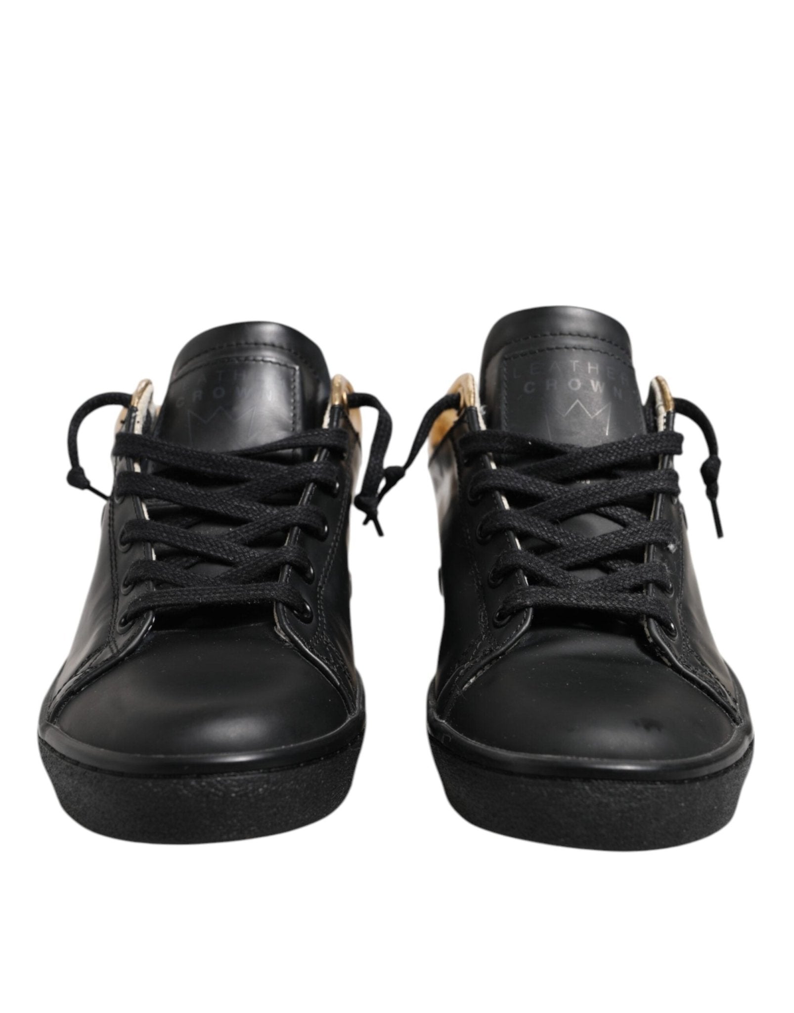Leather Crown Black Gold Lace Up Low Top Women Sneakers Shoes - RIMODA