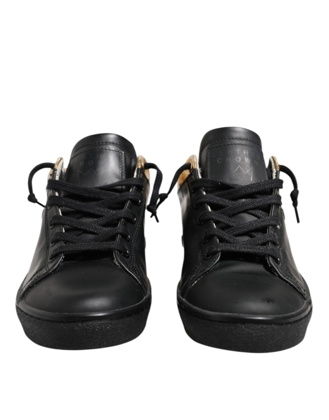 Leather Crown Black Gold Lace Up Low Top Women Sneakers Shoes - RIMODA
