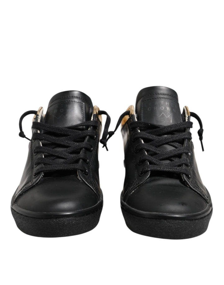 Leather Crown Black Gold Lace Up Low Top Women Sneakers Shoes - RIMODA