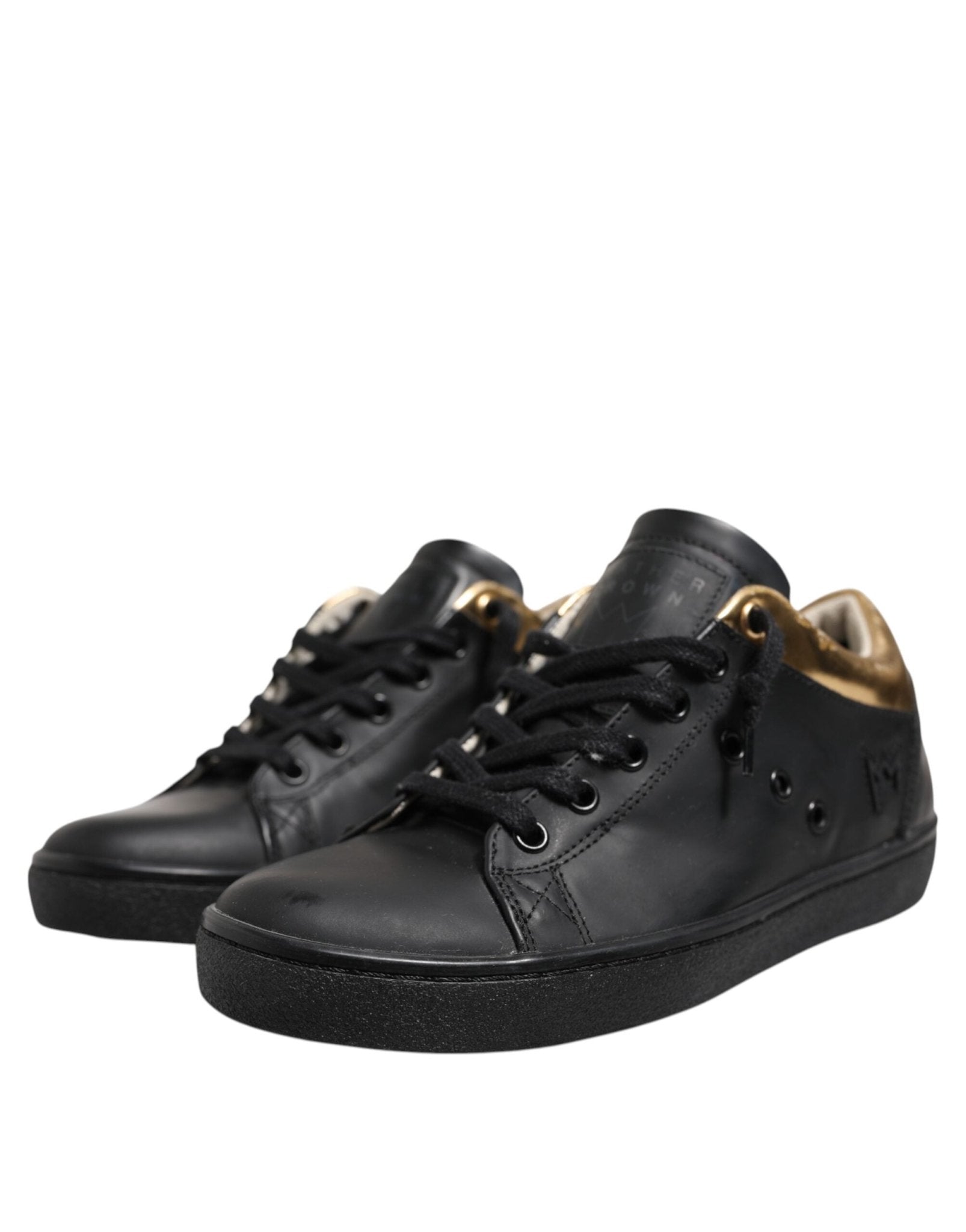 Leather Crown Black Gold Lace Up Low Top Women Sneakers Shoes - RIMODA