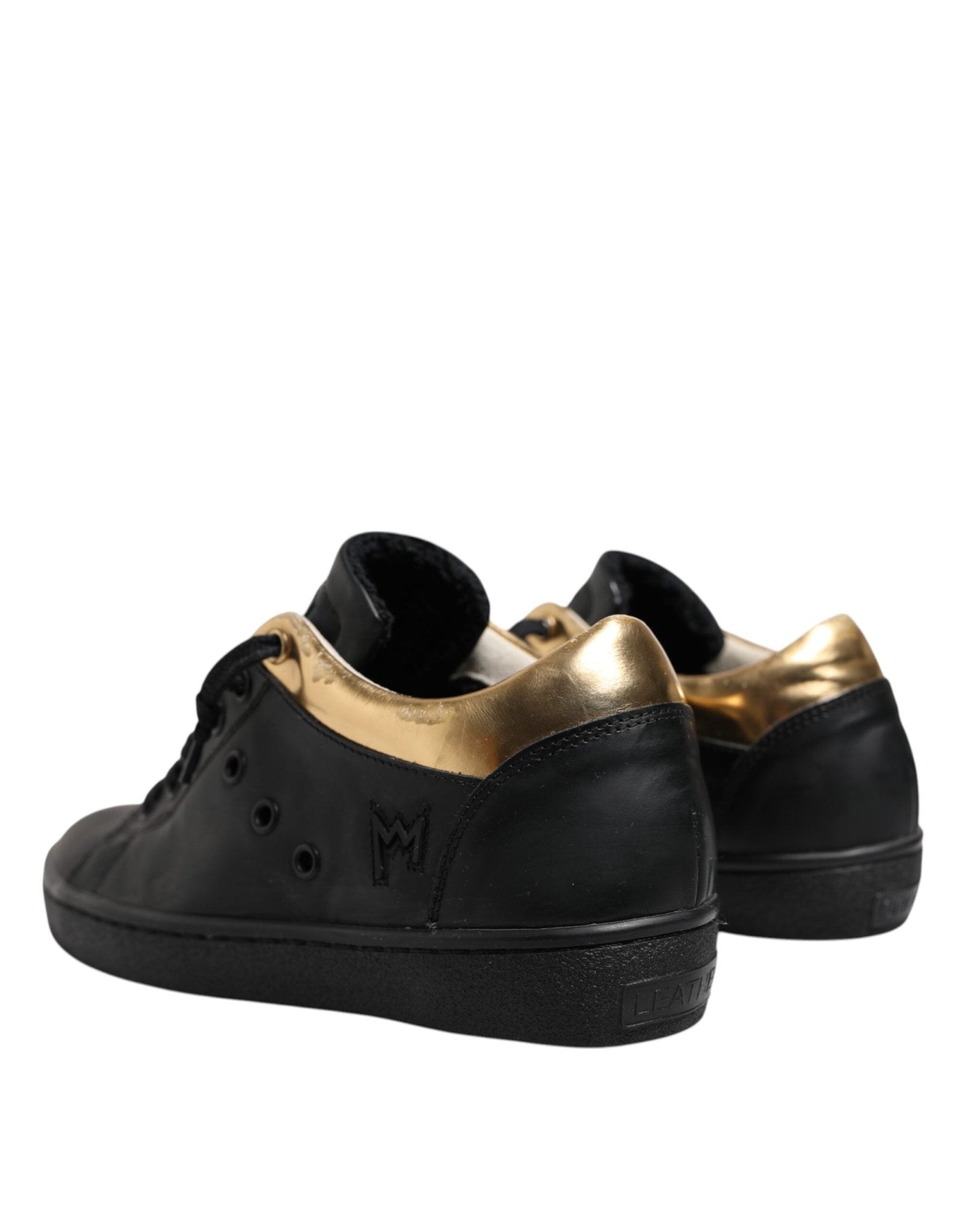 Leather Crown Black Gold Lace Up Low Top Women Sneakers Shoes - RIMODA