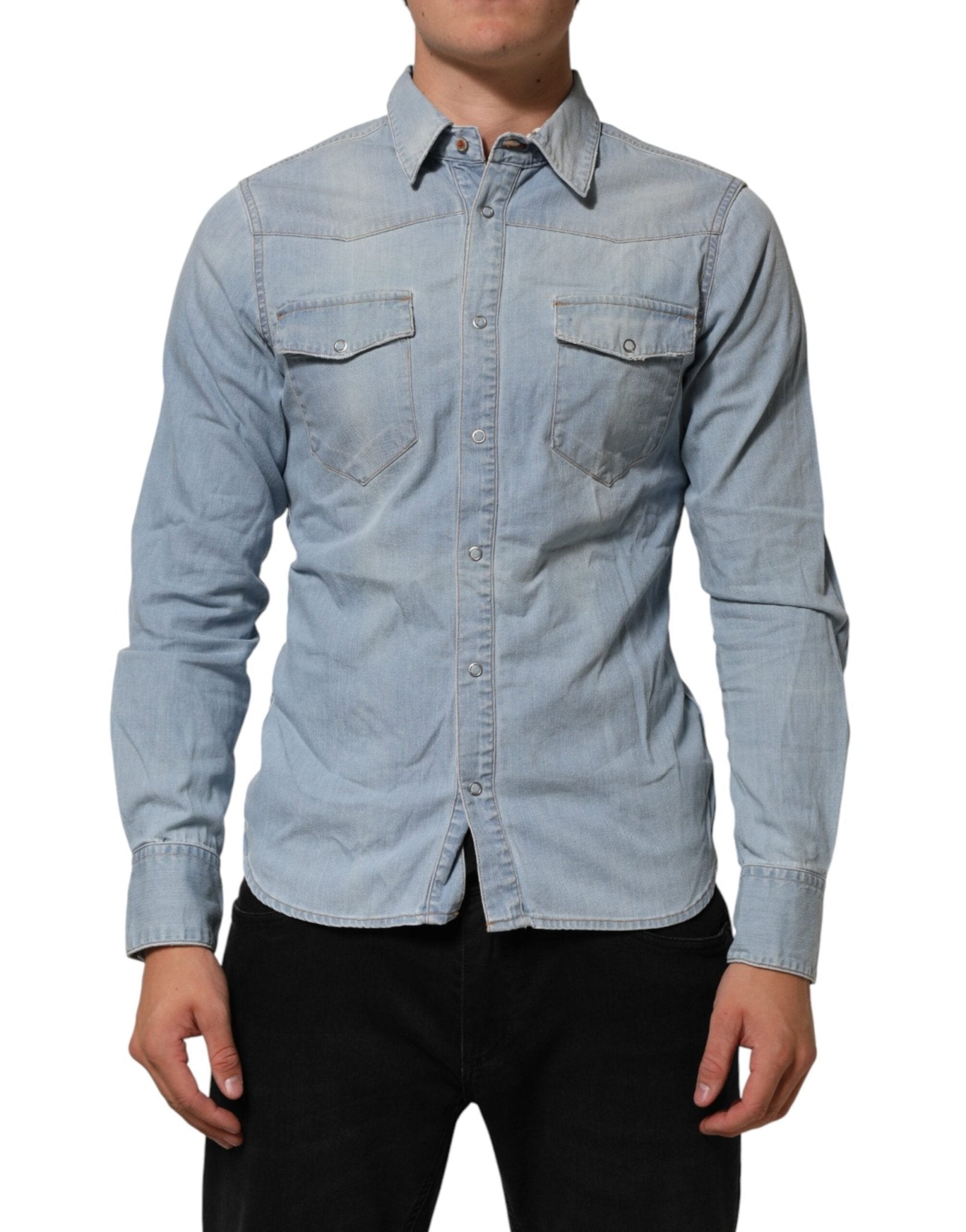 Maison Clochard Blue Denim Collared Long Sleeve Men Shirt - RIMODA