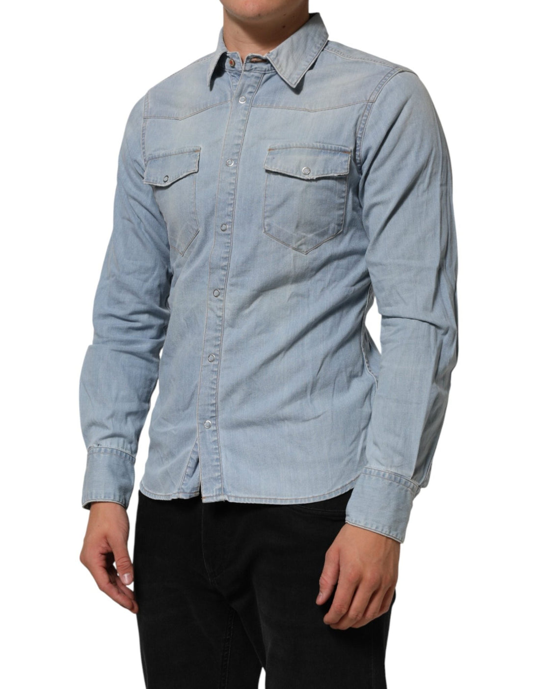 Maison Clochard Blue Denim Collared Long Sleeve Men Shirt - RIMODA