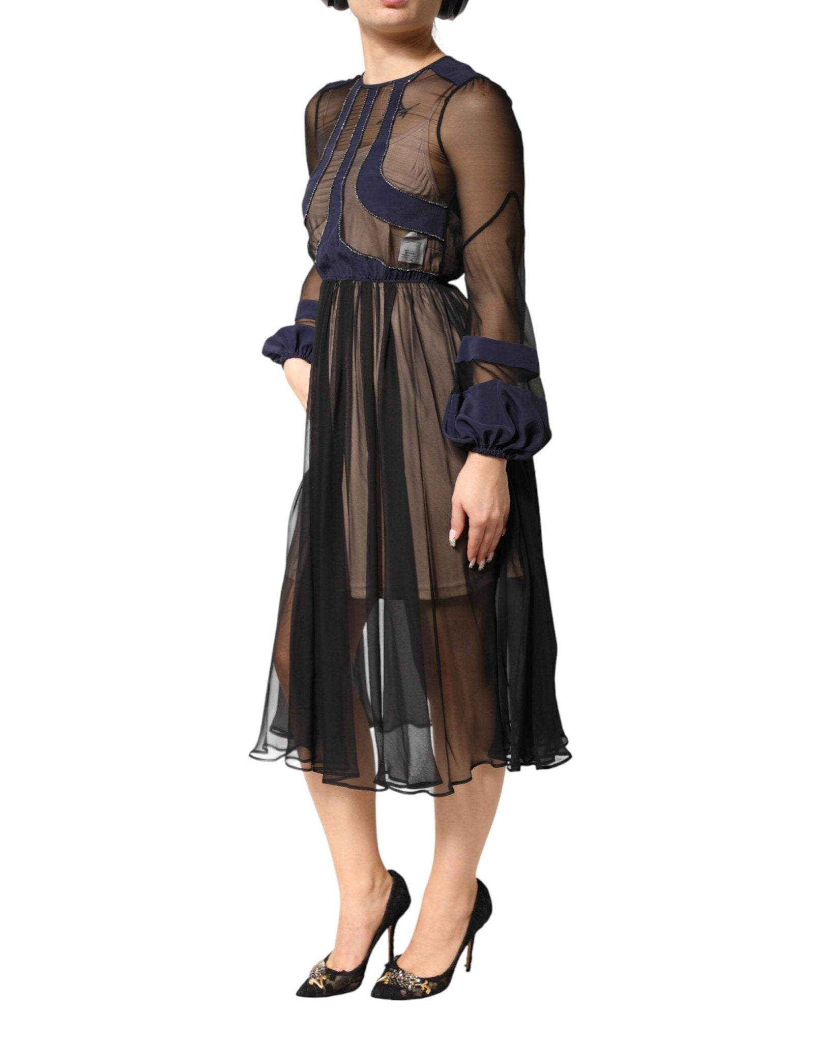 N.21 Blue Long Sleeves Sheer Silk Sheath A-line Midi Dress - RIMODA