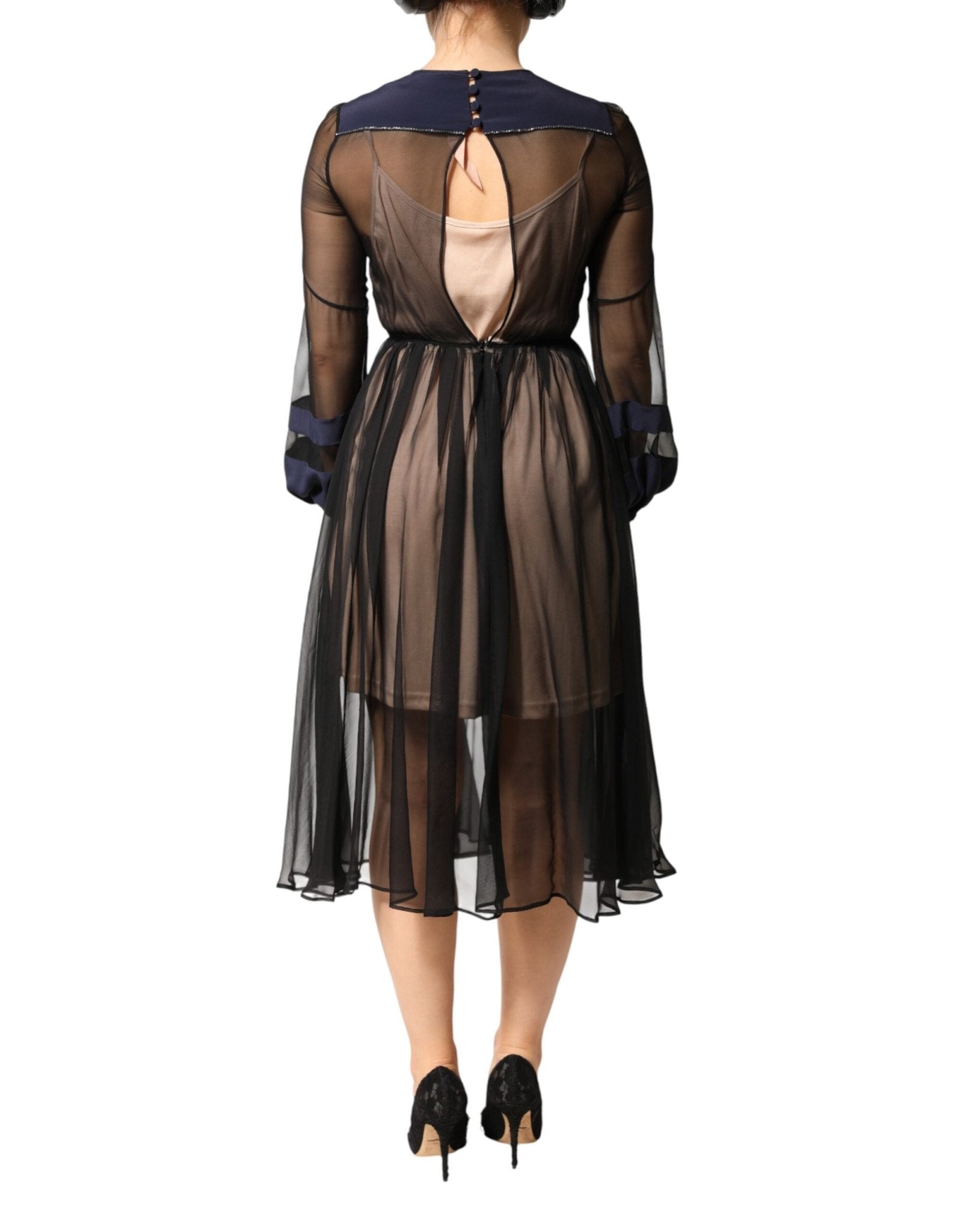 N.21 Blue Long Sleeves Sheer Silk Sheath A-line Midi Dress - RIMODA
