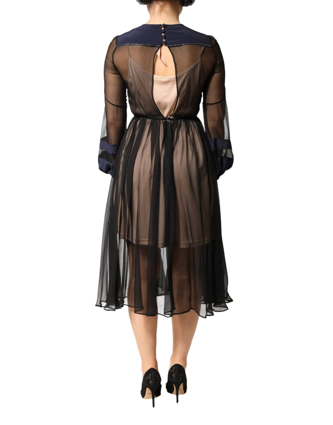 N.21 Blue Long Sleeves Sheer Silk Sheath A-line Midi Dress - RIMODA