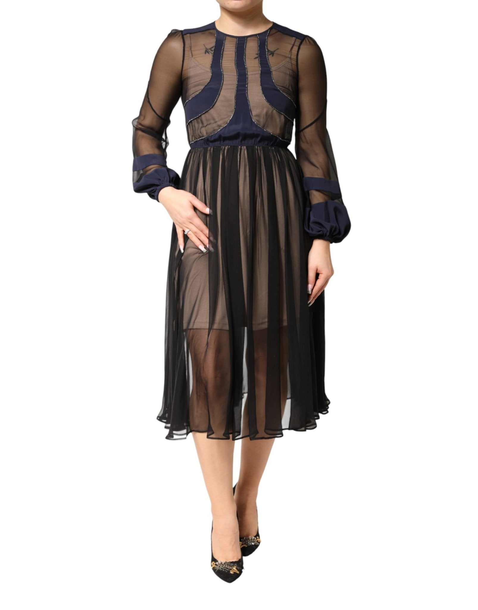 N.21 Blue Long Sleeves Sheer Silk Sheath A-line Midi Dress - RIMODA