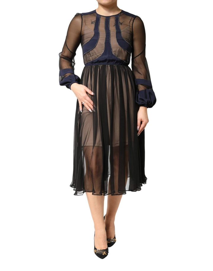 N.21 Blue Long Sleeves Sheer Silk Sheath A-line Midi Dress - RIMODA