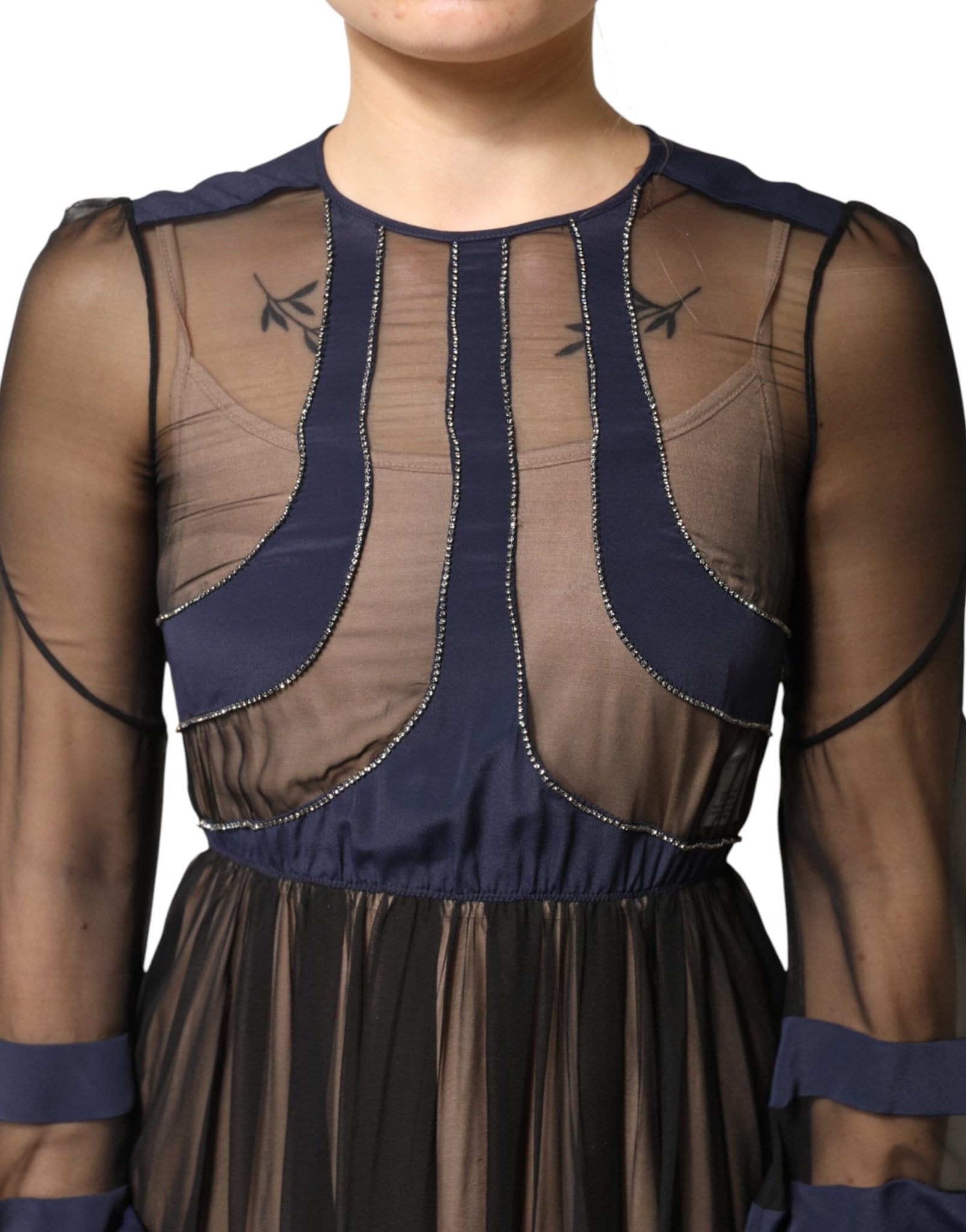 N.21 Blue Long Sleeves Sheer Silk Sheath A-line Midi Dress - RIMODA