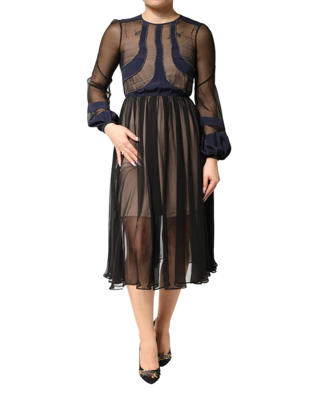 N.21 Blue Long Sleeves Sheer Silk Sheath A-line Midi Dress - RIMODA