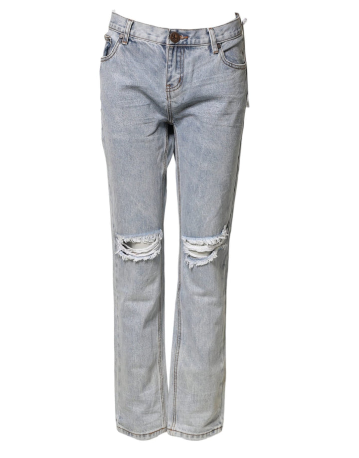 One Teaspoon Light Blue Tattered Mid Waist Straight Denim Jeans - RIMODA