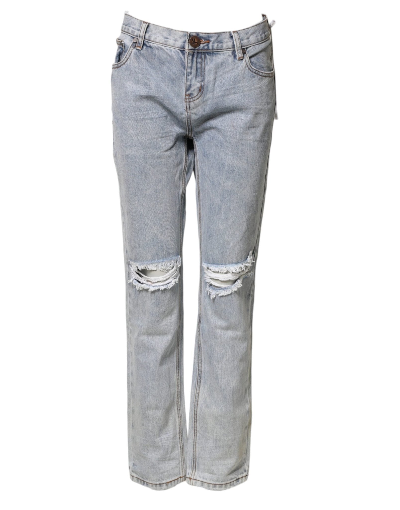 One Teaspoon Light Blue Tattered Mid Waist Straight Denim Jeans - RIMODA