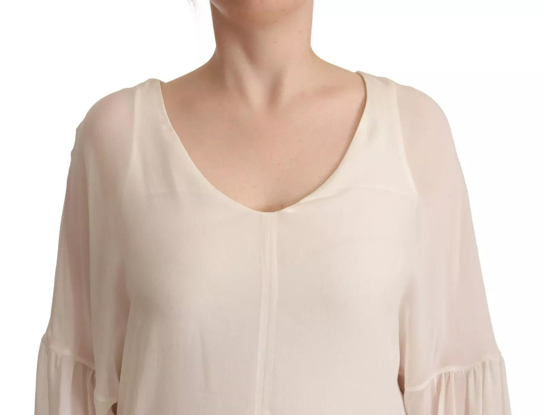 Patrizia Pepe Off White Silk Long Sleeves Deep Vneck Top - RIMODA
