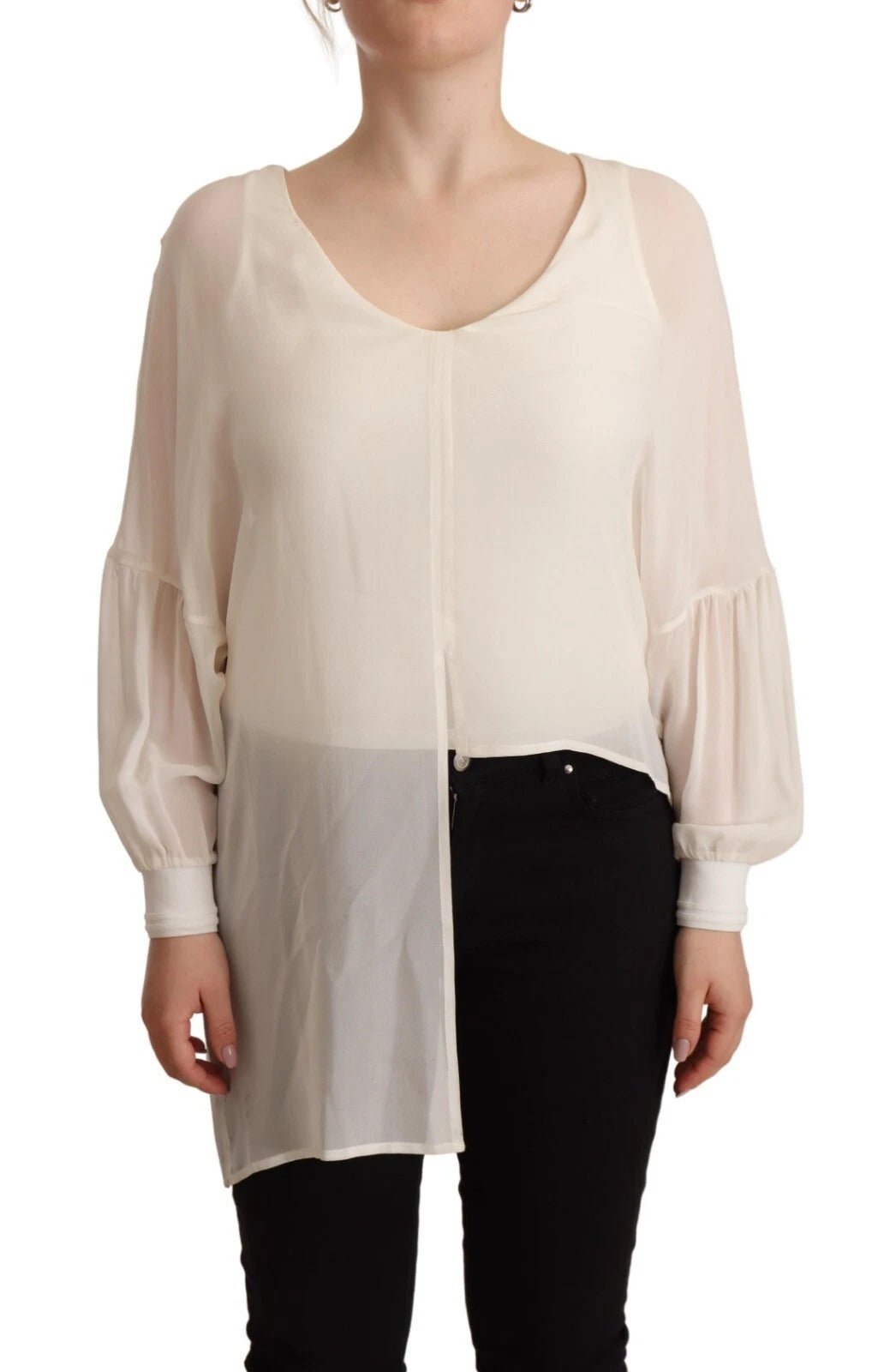 Patrizia Pepe Off White Silk Long Sleeves Deep Vneck Top - RIMODA
