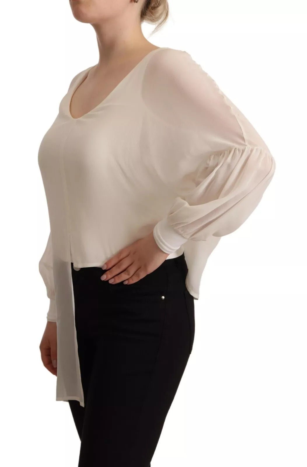 Patrizia Pepe Off White Silk Long Sleeves Deep Vneck Top - RIMODA
