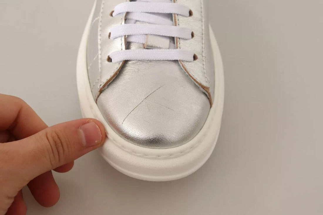 Patrizia Pepe Silver Full Grain Leather Lace Up Sneakers Shoes - RIMODA