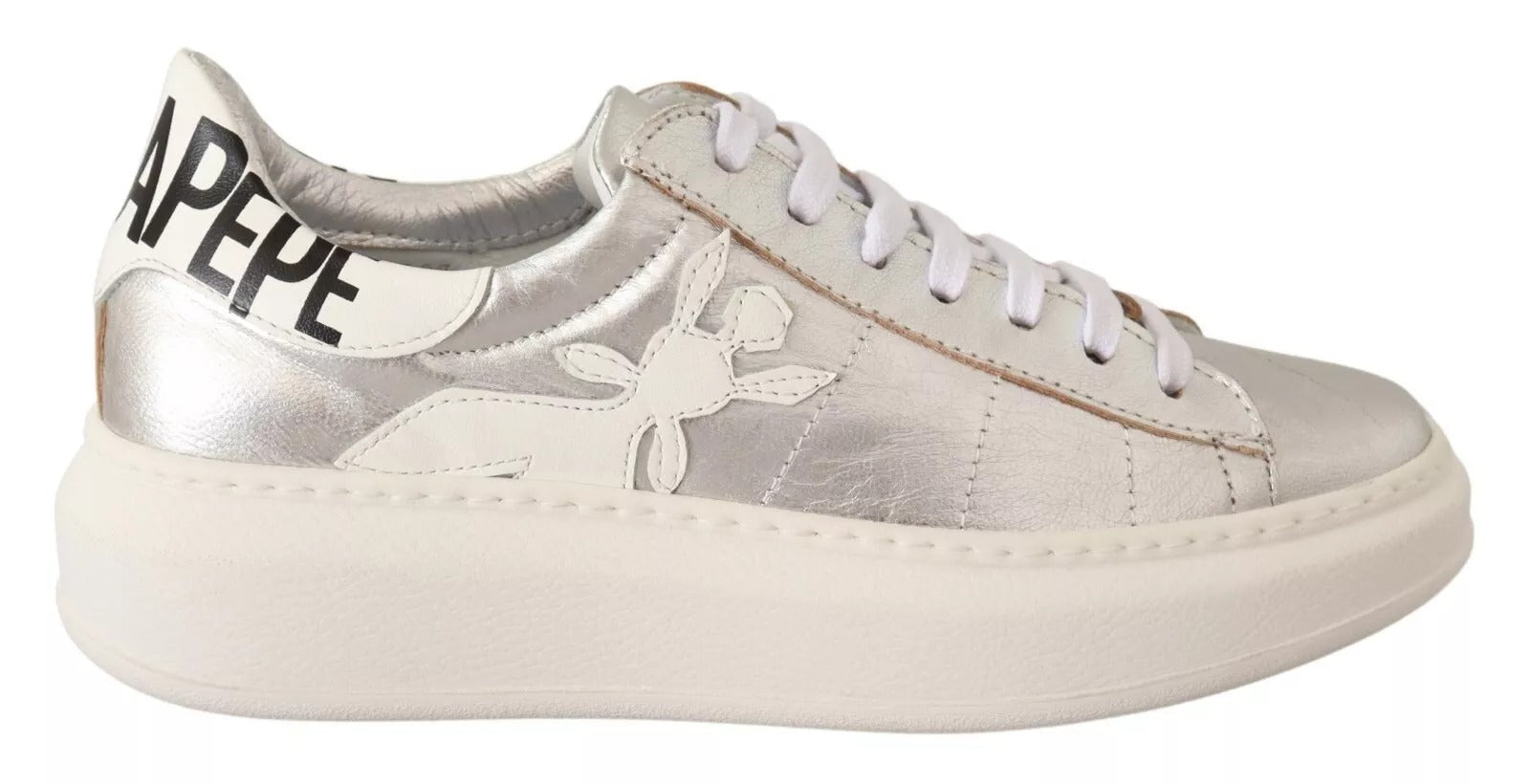 Patrizia Pepe Silver Full Grain Leather Lace Up Sneakers Shoes - RIMODA