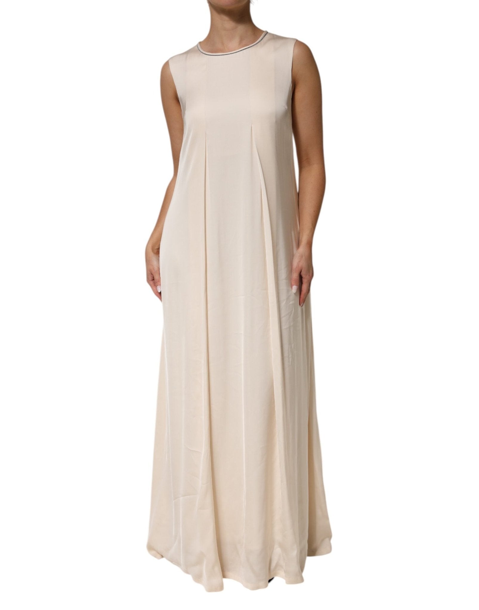 Peserico Beige Viscose Pleated Sleeveless Long Maxi Dress - RIMODA