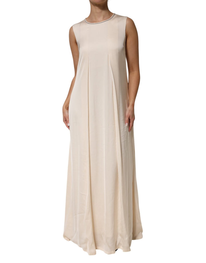 Peserico Beige Viscose Pleated Sleeveless Long Maxi Dress - RIMODA