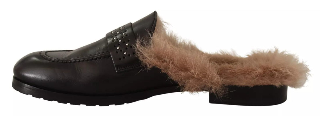 Peserico Black Leather Fur Perforated Slip On Flats Shoes - RIMODA