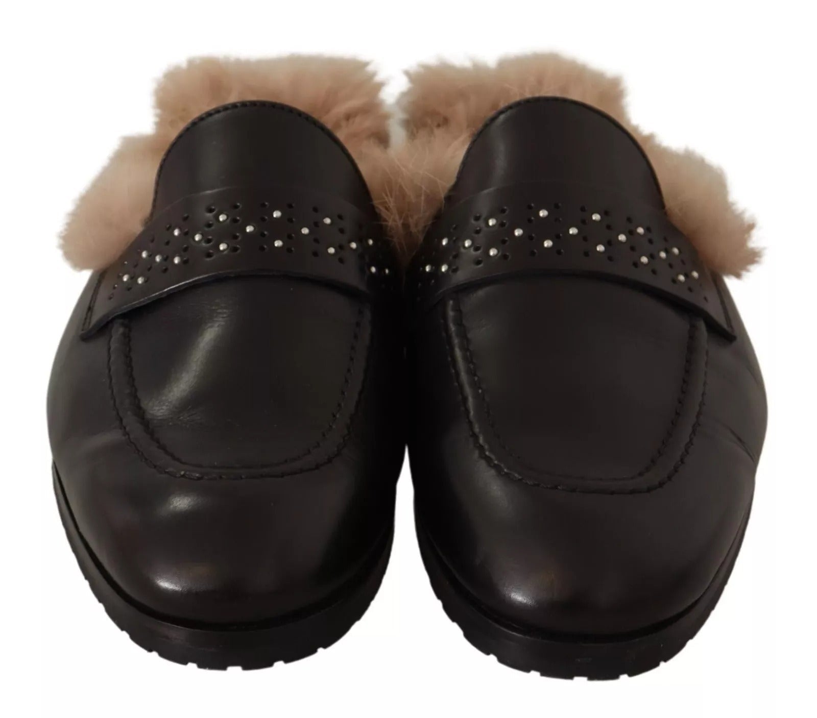 Peserico Black Leather Fur Perforated Slip On Flats Shoes - RIMODA