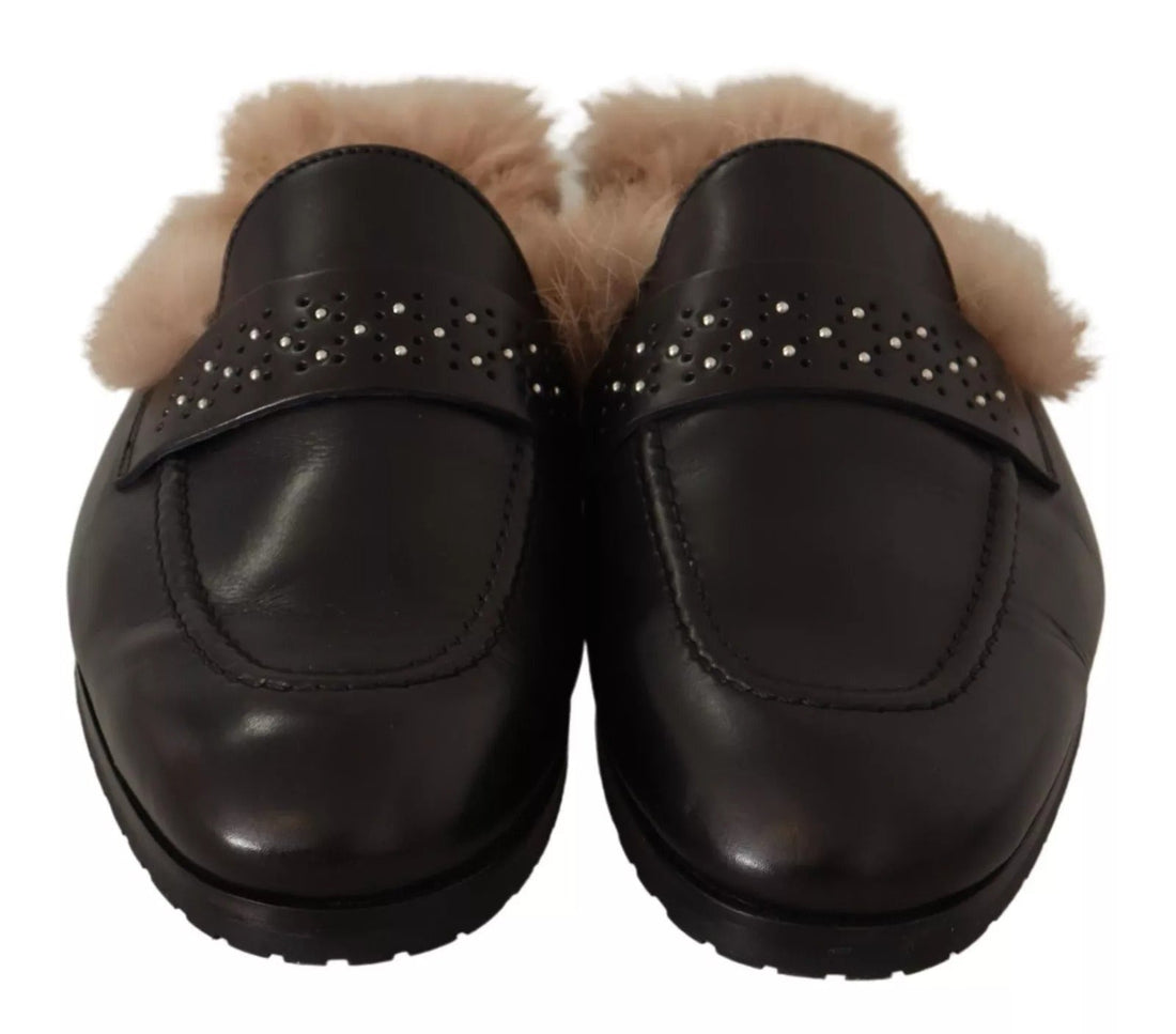 Peserico Black Leather Fur Perforated Slip On Flats Shoes - RIMODA