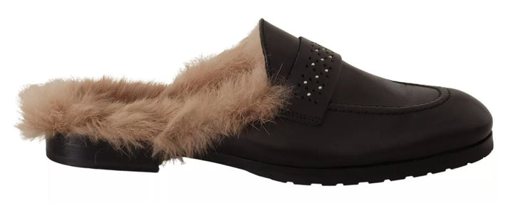 Peserico Black Leather Fur Perforated Slip On Flats Shoes - RIMODA