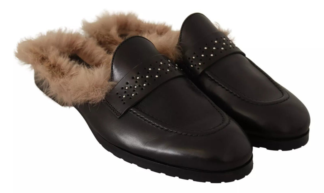 Peserico Black Leather Fur Perforated Slip On Flats Shoes - RIMODA