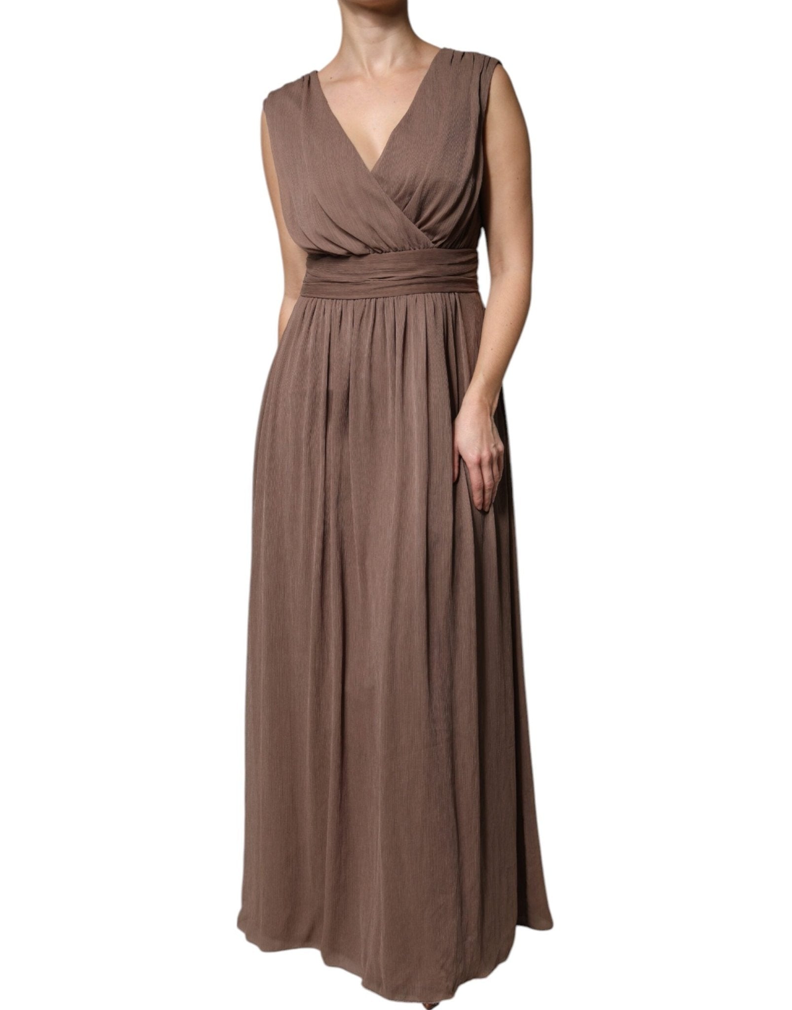 Peserico Brown Sleeveless Deep V-neck A-line Long Maxi Dress - RIMODA