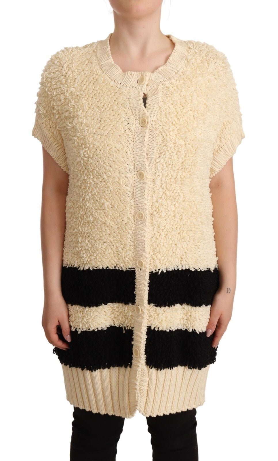 Philosophy Beige Black Short Sleeve Button Cardigan Sweater - RIMODA