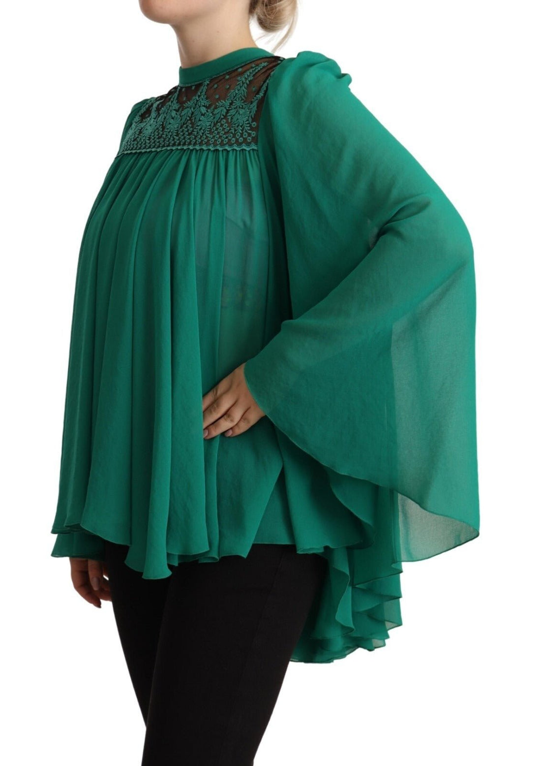 Philosophy Green Lace Polyester Long Sleeves Pleated Top Blouse - RIMODA