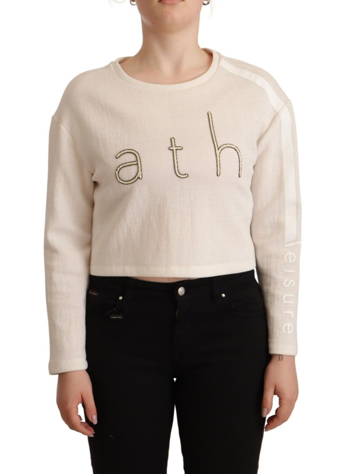 PINKO Beige Logo Long Sleeve Cropped Pullover Sweater - RIMODA