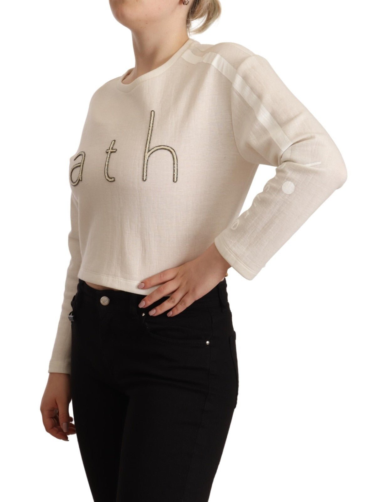 PINKO Beige Logo Long Sleeve Cropped Pullover Sweater - RIMODA