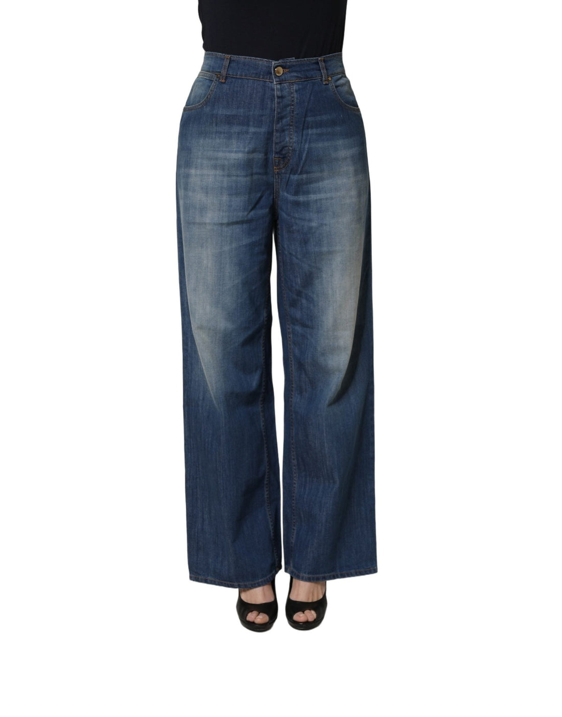 PINKO Blue Washed High Waist Wide Leg Denim Cotton Stretch Jeans - RIMODA
