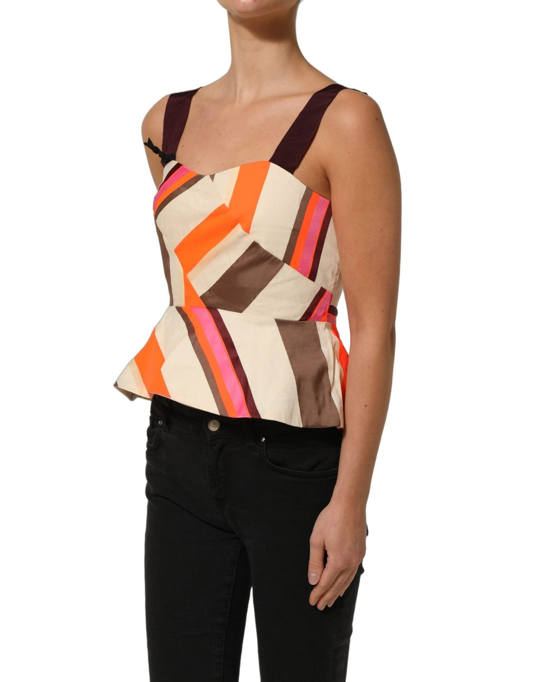 PINKO Multicolor Striped Cotton Sleeveless Draped Peplum Top - RIMODA