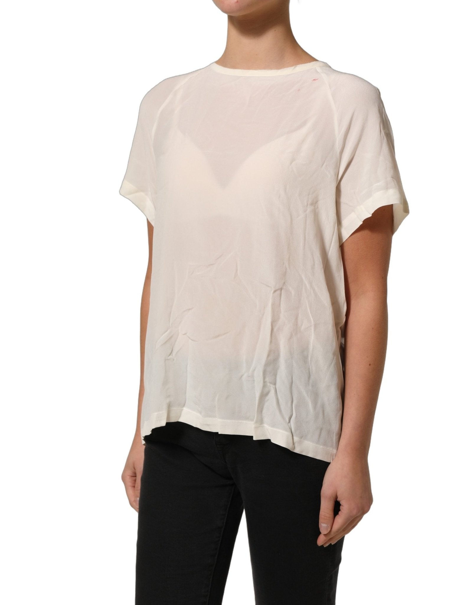PINKO Off White Silk Sheer Round Neck Short Sleeves Blouse Top - RIMODA