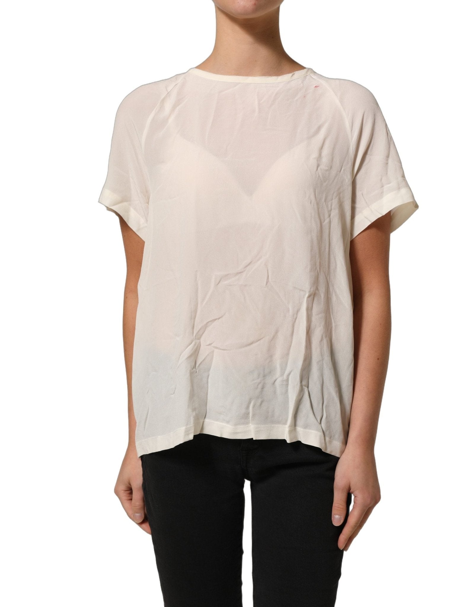PINKO Off White Silk Sheer Round Neck Short Sleeves Blouse Top - RIMODA