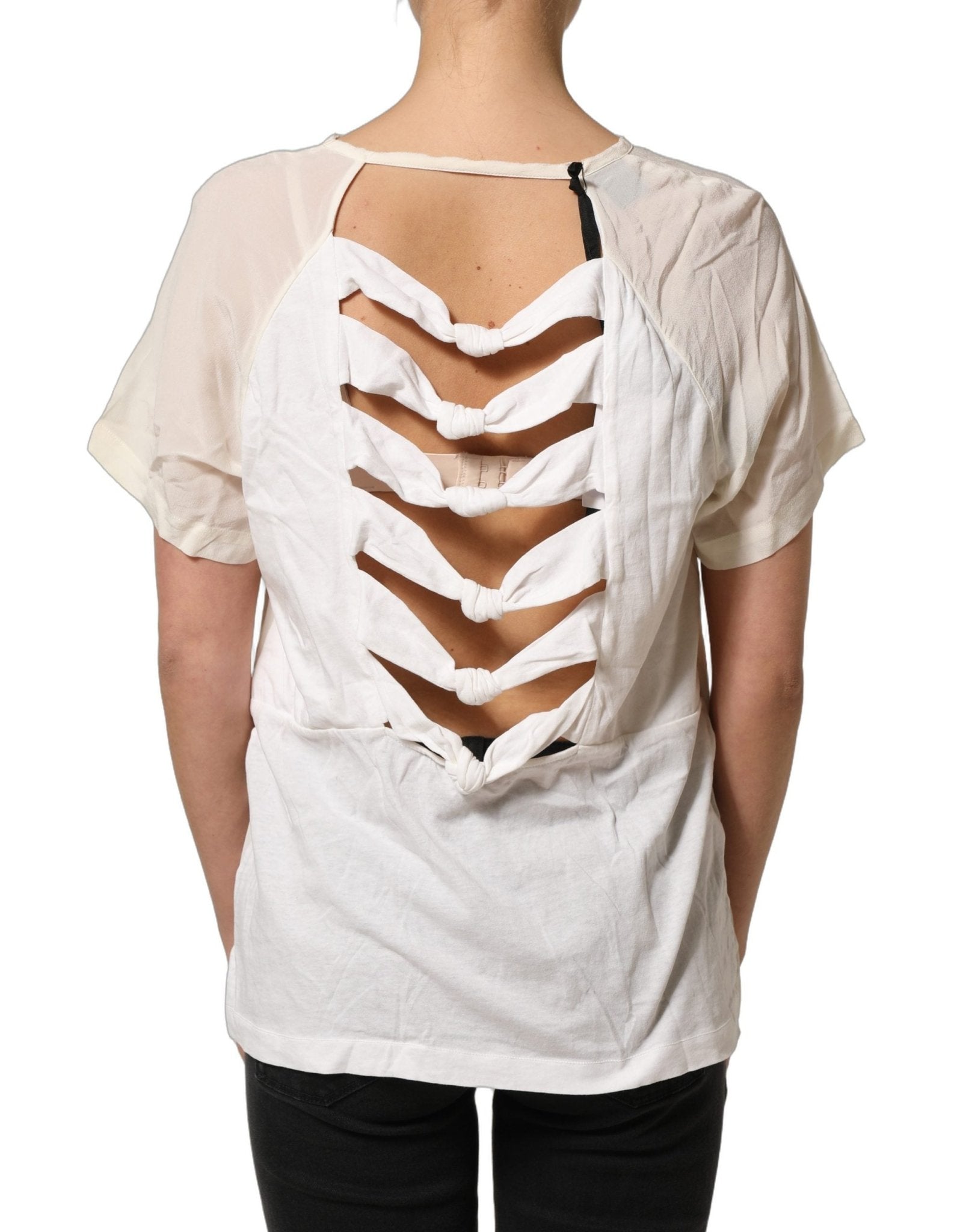 PINKO Off White Silk Sheer Round Neck Short Sleeves Blouse Top - RIMODA