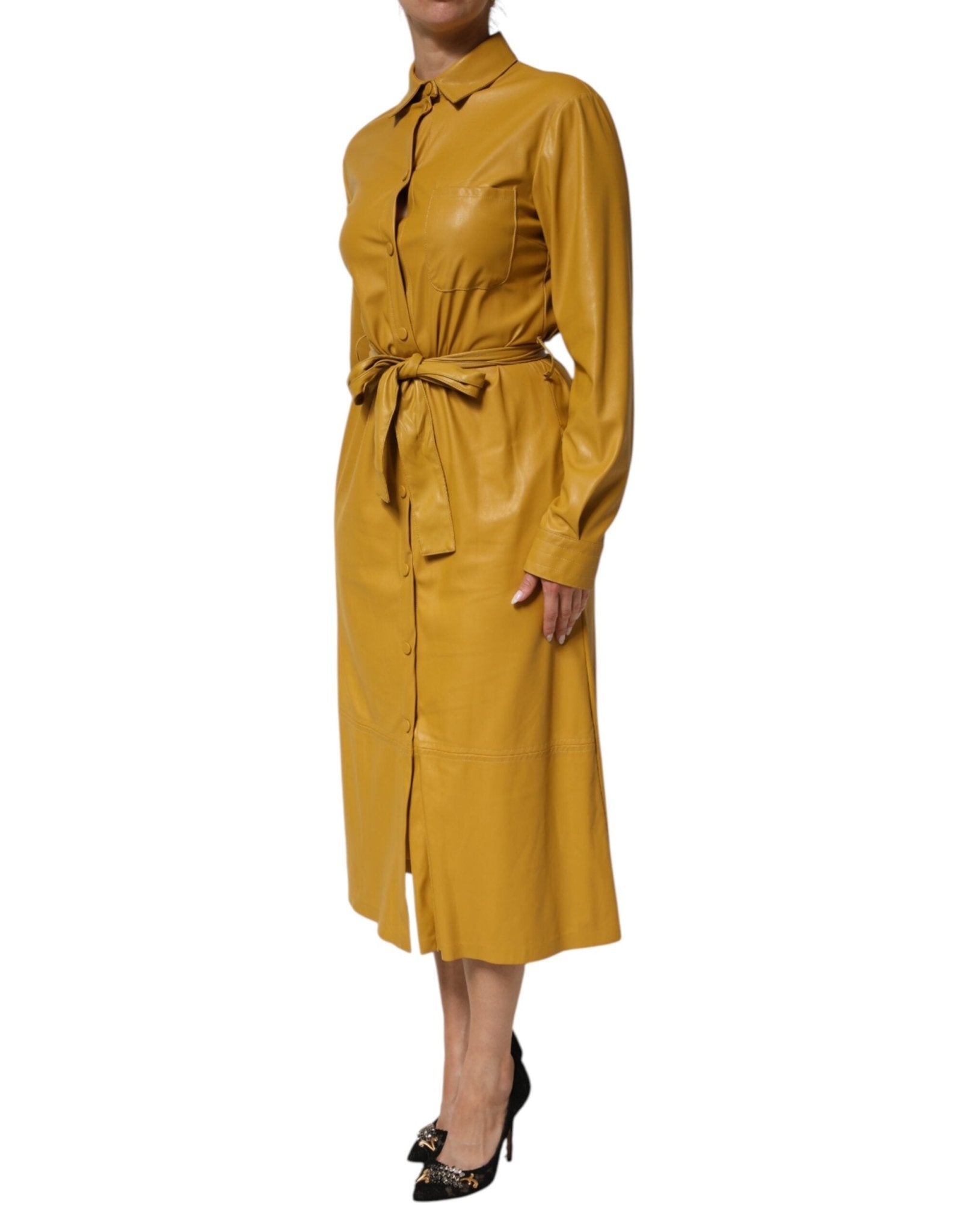 PINKO Polyester Belted Shirt Midi Long Sleeve Yellow Mustard - RIMODA