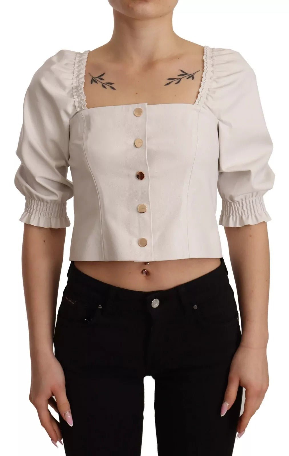 PINKO White Square Neck Button Down Crop Blouse - RIMODA