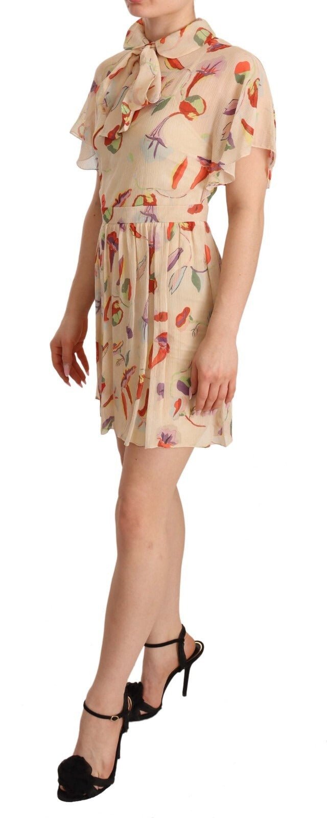Red Valentino Beige Ascot Collar Short Sleeves Aline Mini Dress - RIMODA