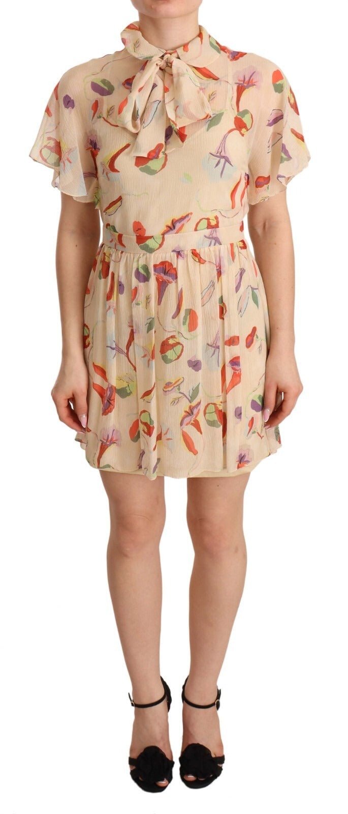 Red Valentino Beige Ascot Collar Short Sleeves Aline Mini Dress - RIMODA