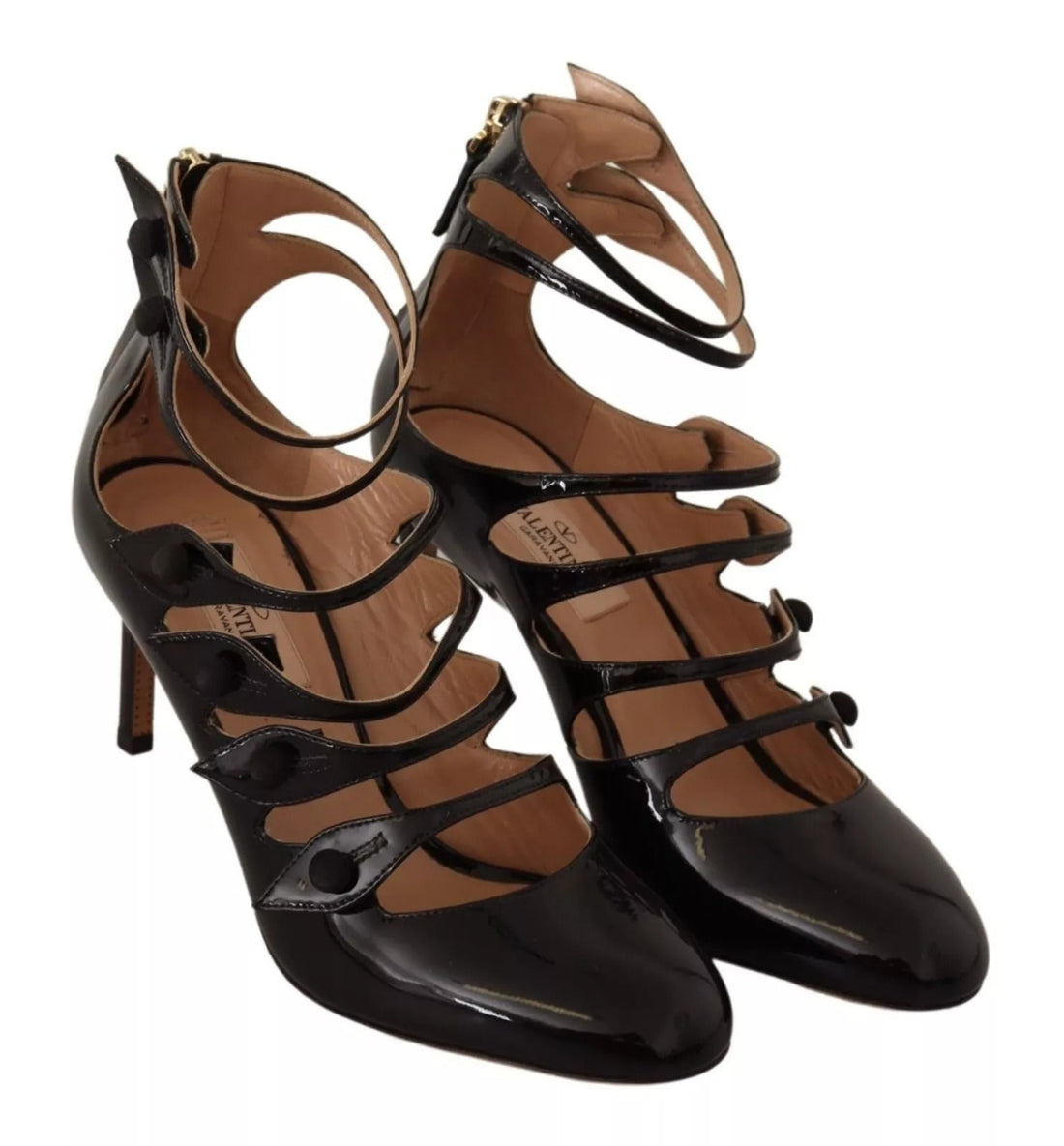 Red Valentino Black Multi Strap Leather Mid Heels Pumps Shoes - RIMODA