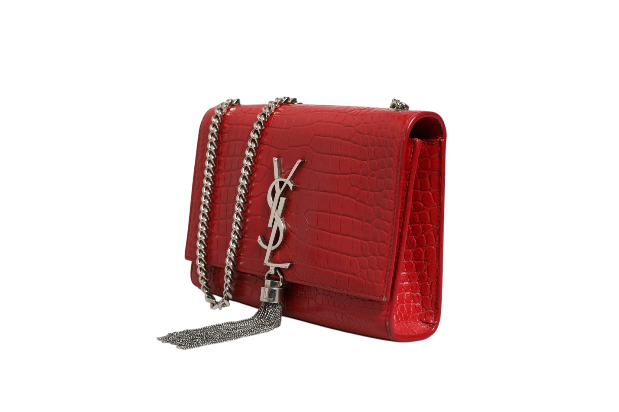 Saint Laurent Kate Tassel Chain Bag in Red Crocodile Embossed Leather - RIMODA