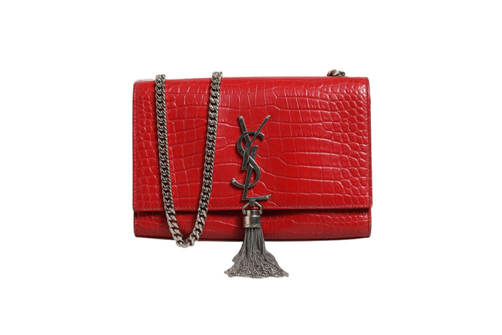 Saint Laurent Kate Tassel Chain Bag in Red Crocodile Embossed Leather - RIMODA