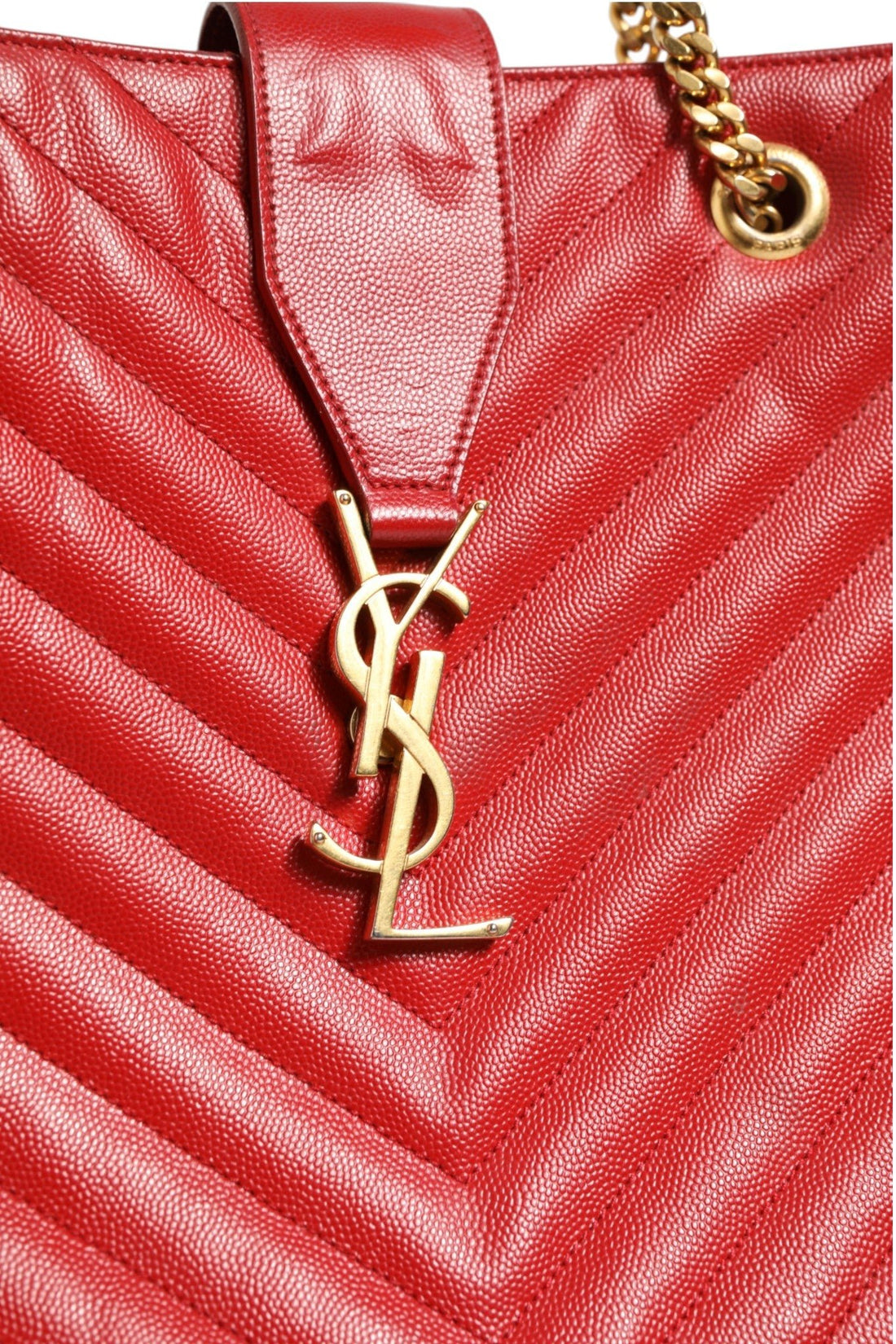 Saint Laurent Red Chevron Quilted Grained Leather Monogram Tote Bag - RIMODA