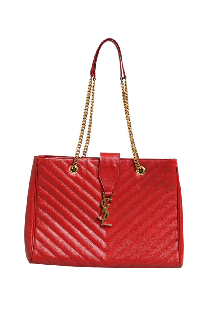 Saint Laurent Red Chevron Quilted Grained Leather Monogram Tote Bag - RIMODA