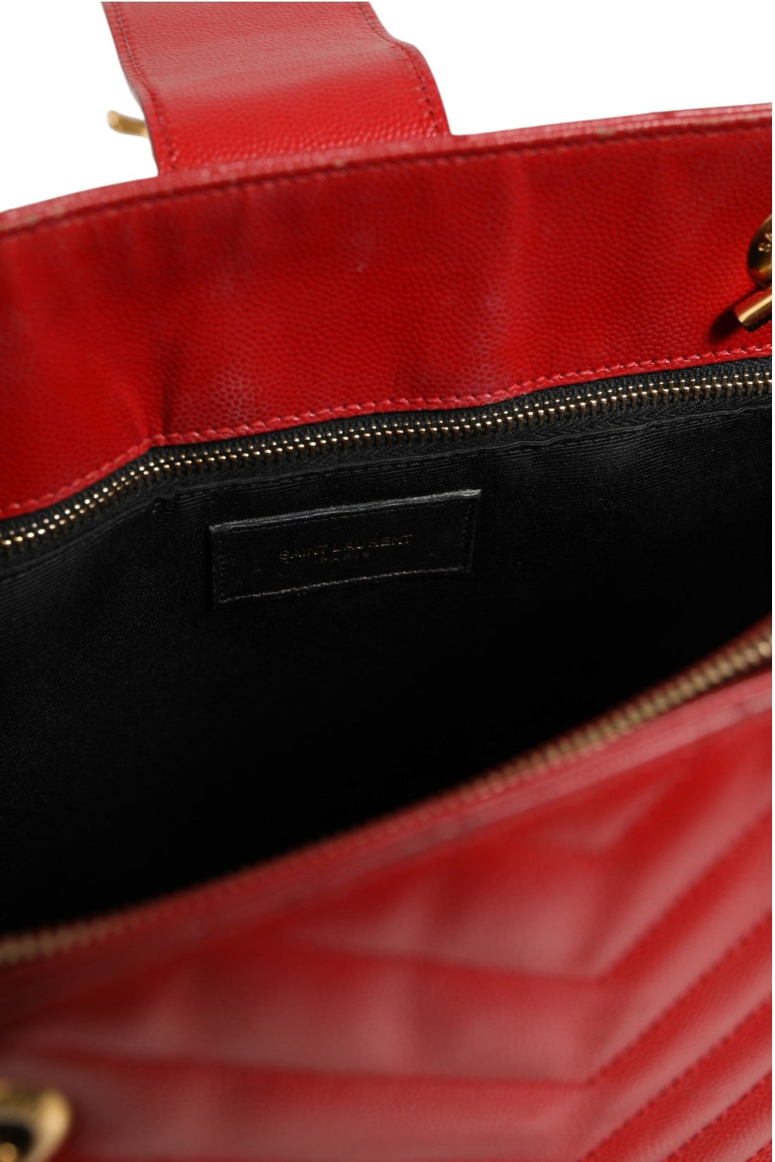 Saint Laurent Red Chevron Quilted Grained Leather Monogram Tote Bag - RIMODA