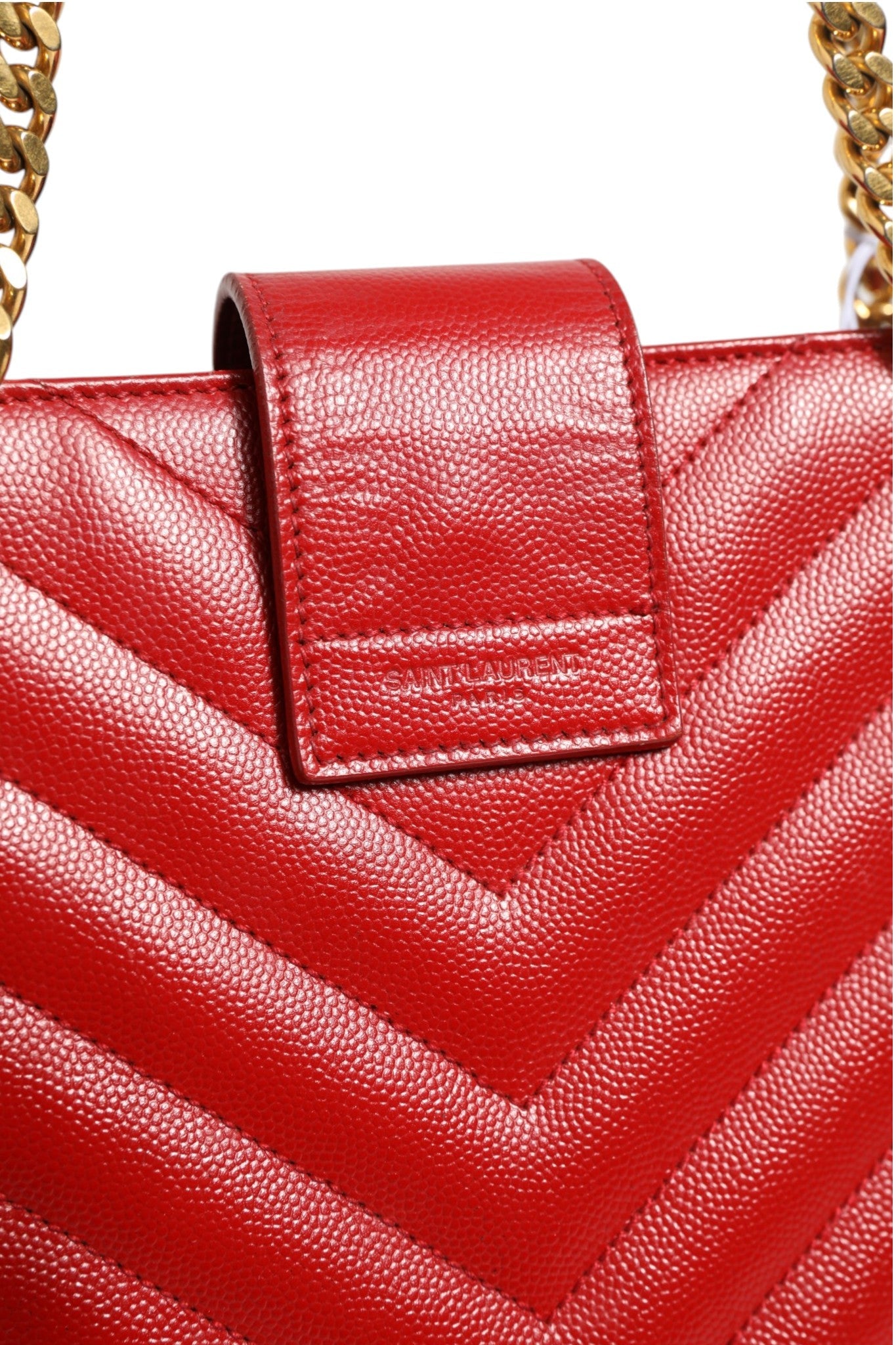 Saint Laurent Red Chevron Quilted Grained Leather Monogram Tote Bag - RIMODA