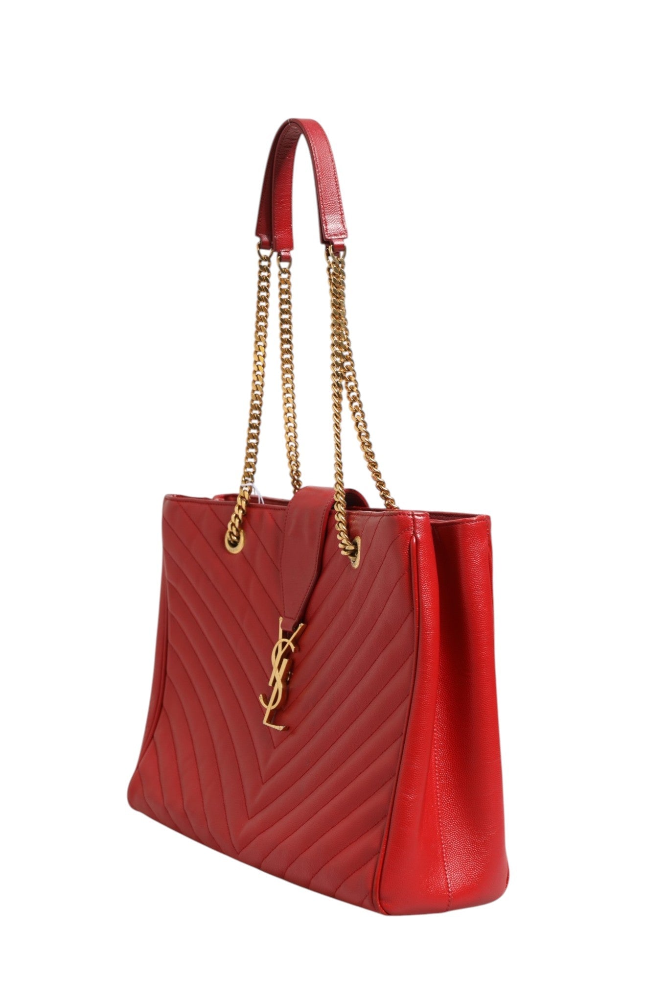Saint Laurent Red Chevron Quilted Grained Leather Monogram Tote Bag - RIMODA